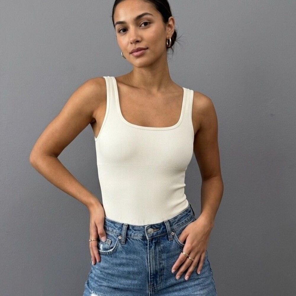 OQQ Cream Ribbed Seamless Tank Top Bodysuit Size S Square Neck Sculpting Shaper
